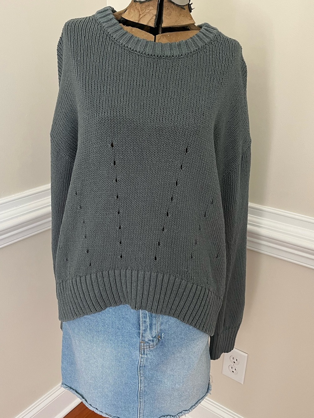 LOFT Sage Green Rib & Cable Knit Crewneck Sweater